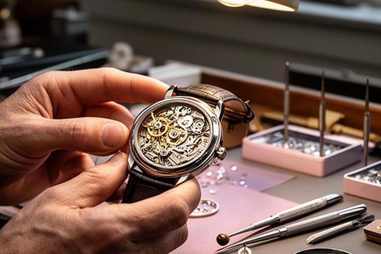 Uhrmacher prüft ein mechanisches Uhrwerk an einem beleuchteten Arbeitstisch im Zürcher Atelier