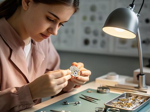 Junge Uhrmacherin Schuler Stafai beim Lernen an einem kleinen Uhrwerk im Ausbildungsatelier