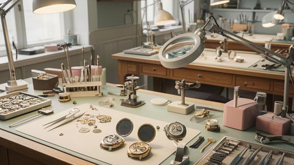 Helles Atelier in Zürich mit Uhrmacherwerkbank, Werkzeugen und mehreren sorgfältig geöffneten Zeitmessern