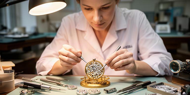 Uhrmacherin prüft ein mechanisches Uhrwerk an einem beleuchteten Arbeitstisch in der Zürcher Werkstatt