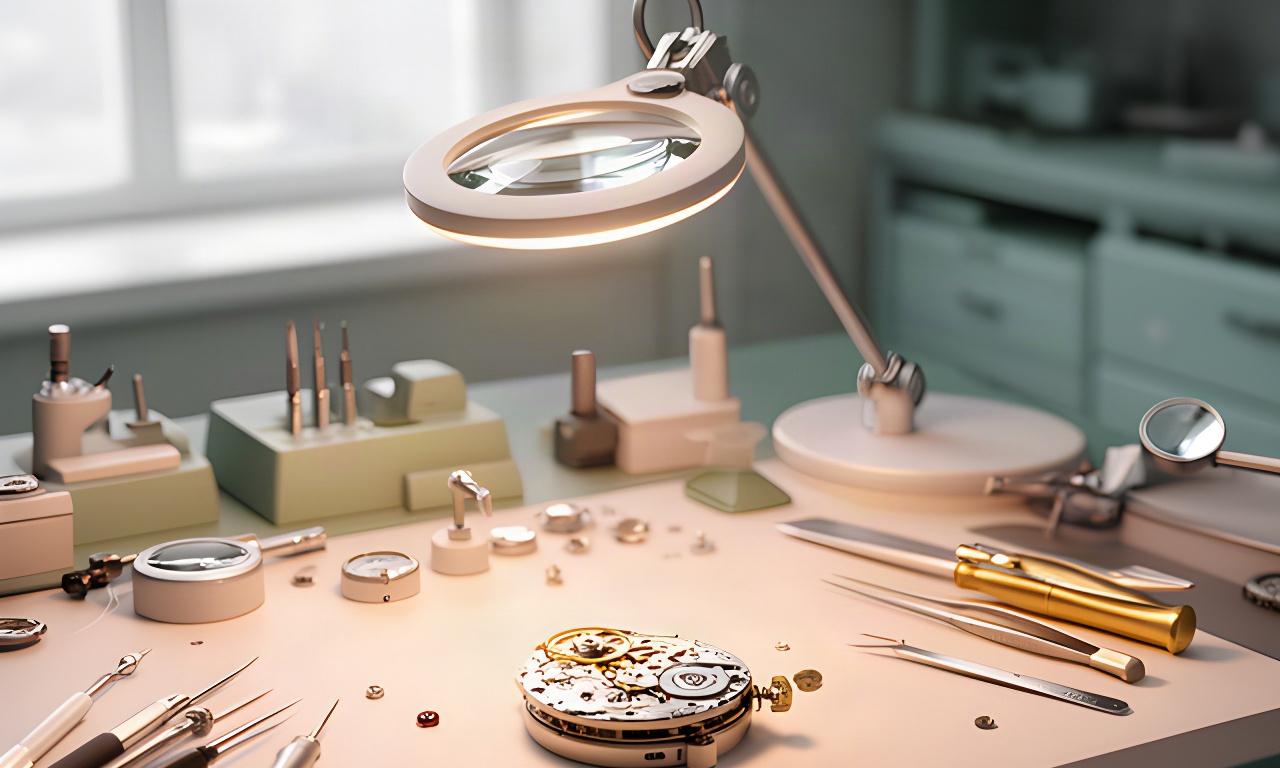 Heller Arbeitstisch der Zürcher Uhrenwerkstatt mit Lupenleuchte, Schraubenziehern und geöffnetem mechanischem Uhrwerk